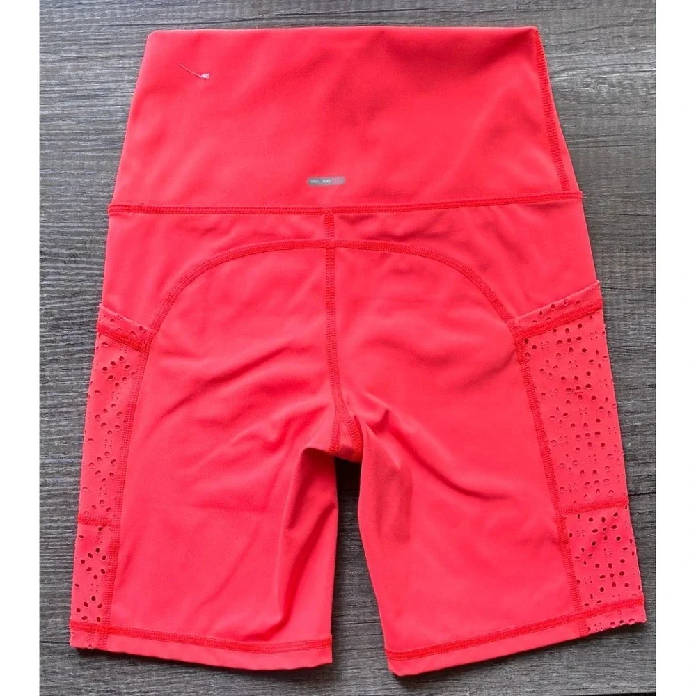 Aerie Neon Coral‎ Eyelet Pocket Bike Shorts S High Rise Athletic Summer *FLAW*
